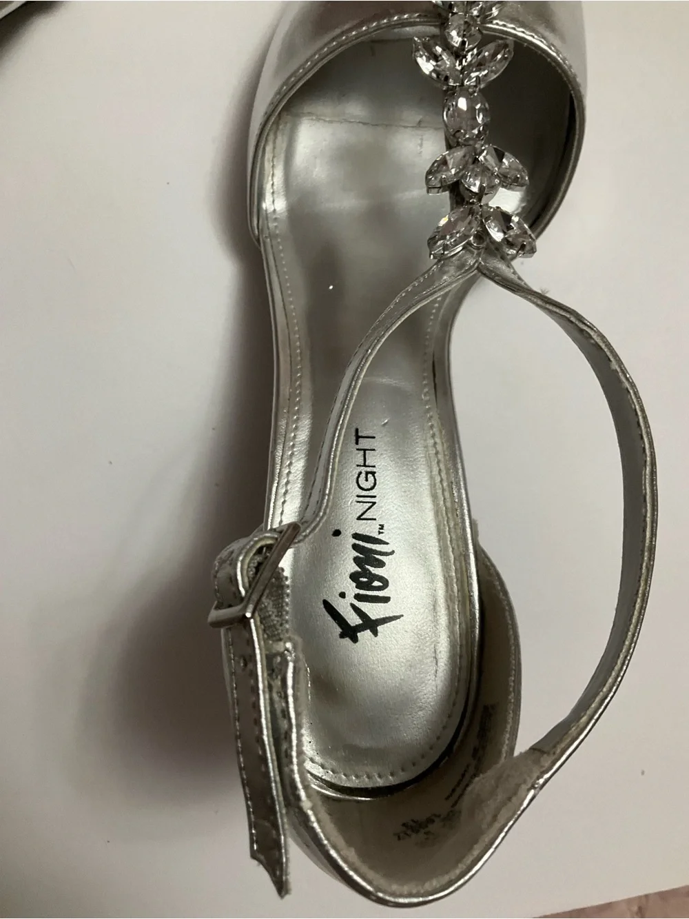 FIONI Night Silver Metallic Peep-Toe Slingback Heels with Crystal Accents